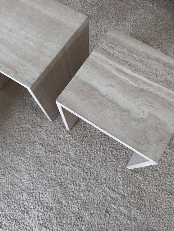 Image 1 of 2 Travertine side tables made of natural stone - Minimalist design, timelessly elegant