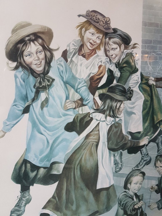 Image 1 of Ronald Embleton Lithograph - Signed in print - Vintage/Antique - Fox and Chickens - Children playing day scene Lithograph