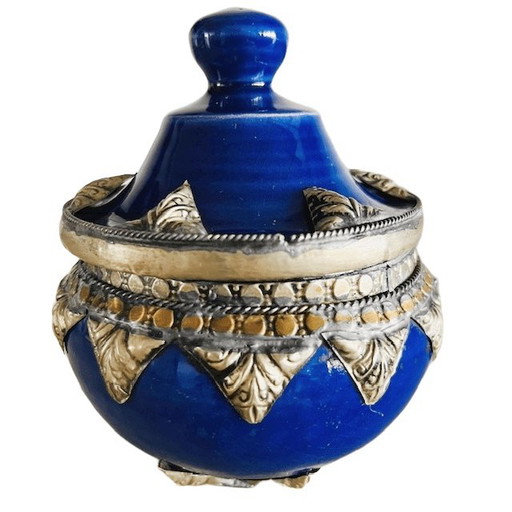 Barattolo con coperchio in ceramica marocchina, portagioie in filigrana blu in argento