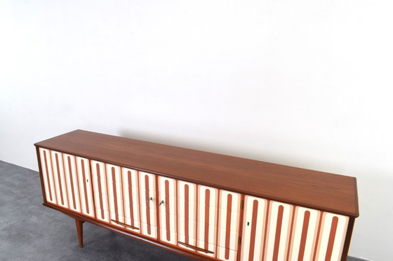 Image 1 of Mid Century Op-Art Handbemaltes Teakholz Sideboard, 1960er Jahre
