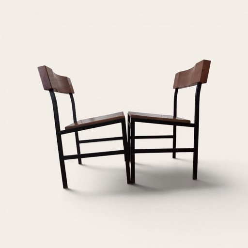 2 Nordic (Deens) Vintage Teakhouten Stoelen, Zwart Frame En Teakhout – eetkamerstoelen, Wood, Iron