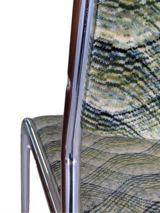 Image 1 of 2x Vintage Chrome Chairs 70s | Retro Design | Fabric Upholstery Green | Mid - Century Chairs | Space Age Chair Set