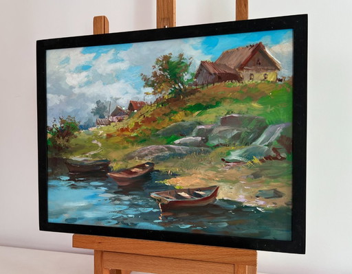 Original Oil Painting Summer Coastal Landscape The river carries village dreams