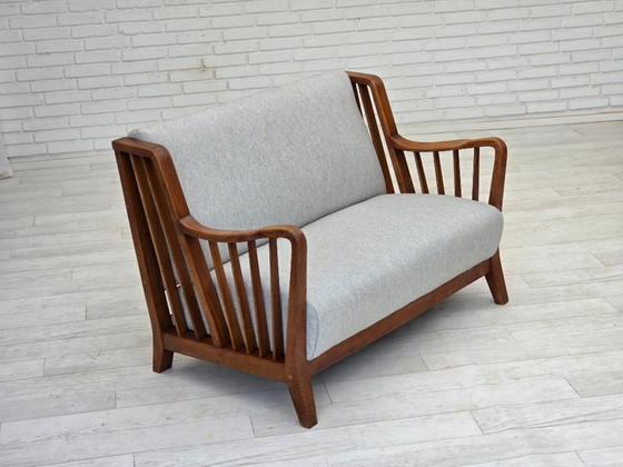Image 1 of 1950s, Scandinavian 2-seater sofa, reupholstered, furniture wool, oak.