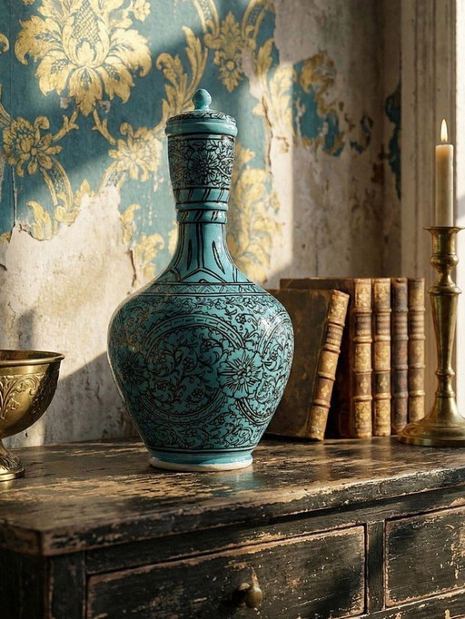 Jarrón cubierto o jarra persa, cerámica esmaltada de Iznik, pintada en turquesa, vintage.