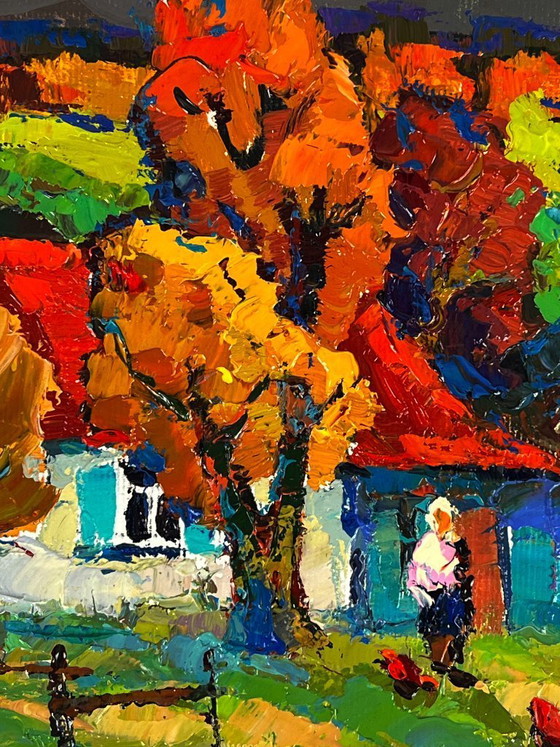 Image 1 of Original Oil Painting Countryside Landscape House Crimson Autumn in the Village