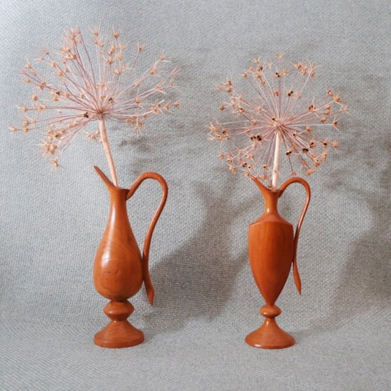 Image 1 of ❤️ Set of swan neck vases made of wood, handmade in the GDR, Midcentury