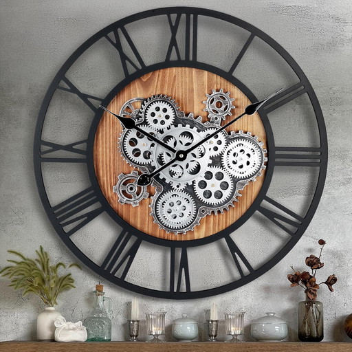 Lafocuse Houten Grote Industriele Zwarte Wandklok met Draaiende Tandwielen Rond 57 cm Romeinse Cijfers Decor Muurklok voor Woonk