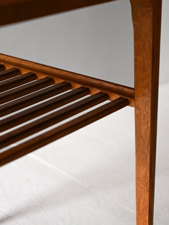 Image 1 of 1960s Scandinavian oak coffee table with slatted shelf