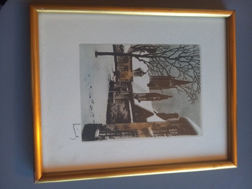 Acquaforte Originale Roger Hebbelinck - Bruges / Brugge Beghinaggio (Incorniciata)