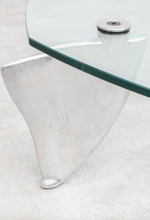 Table basse Flipper en verre et aluminium, modèle conçu par Matthew Hilton pour SCP, années 1980