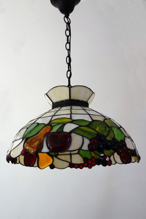 Tiffany style Pendant lamp with fruit motif, 90s, Glass, Metal, Creme (photo 2 of 14)