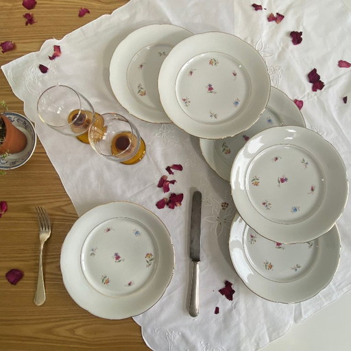 6 platos llanos antiguos de porcelana con flores y dorados, P L Limoges