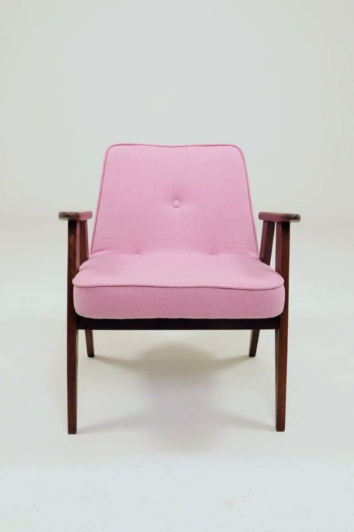Roze fauteuil, vintage pastelkleurige wollen stof, eikenhout