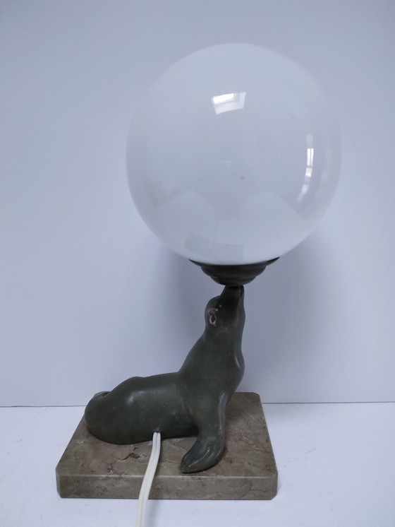 Image 1 of Art Deco sea lion lamp, marble, opaline metal