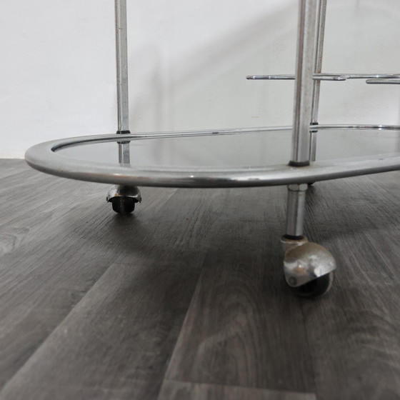 Image 1 of Stalen voedseltrolley met dubbele plank en gerookt glas, ontwerp uit de jaren 70