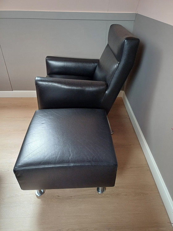 Image 1 of Leolux Rooby, Black Leather Armchair with Poof