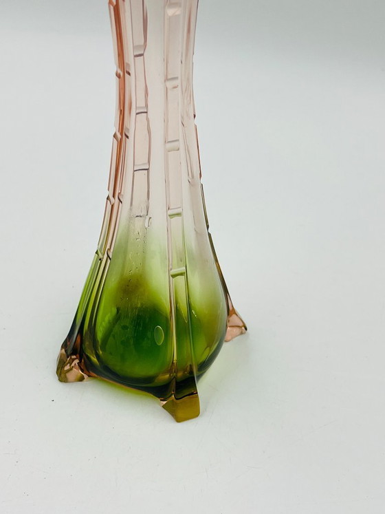 Image 1 of Pair of vintage bud vases in pink and green glass