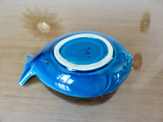 Image 1 of Blauwe crackle-ware "vis" zak netjes, Charolles, Frankrijk, 1960