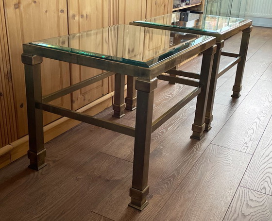 Image 1 of Tables d'appoint vintage Hollywood Regency en laiton et verre – lot de 2 – années 1970/80