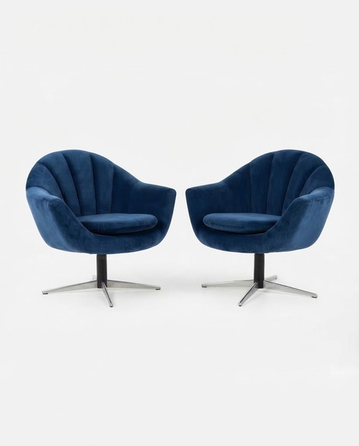 Vintage Hongaarse Shell Draai-loungestoelen in blauw fluweel met stervoeten, jaren 70, set van 2