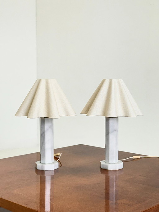 Vintage Marmeren Tafellamp Met Linnen Kap