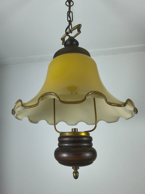 Lampada a sospensione antica in vetro opalino giallo, 1920-1930