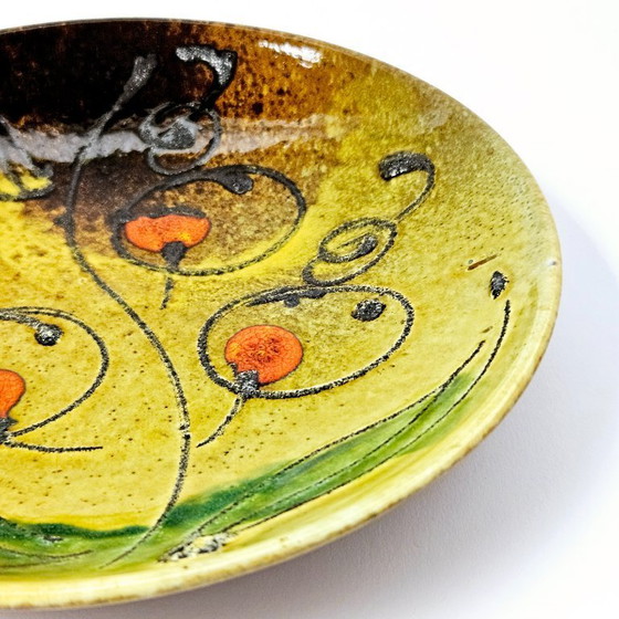 Image 1 of Unique Vintage SARKADI Art Pottery Wall Decor Plate From 1970s |  Hand-painted Stylized Flowers Ceramic Hanging Plate 