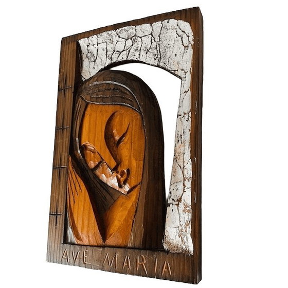 Image 1 of Targa da parete in legno raffigurante la Vergine Maria, intagliata a mano, decorazione da parete, anni '70
