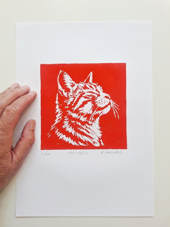 Linoprint 'Red Cat' – Y. Jasperse, Kunst, Papier (photo 4 of 8)