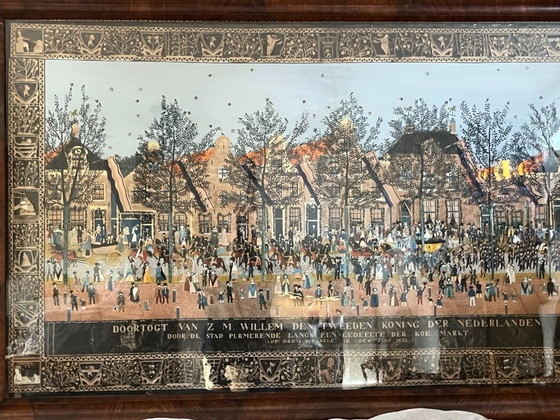 Image 1 of "Doortogt van Koning Willem II door Purmerend"; Knipselkunst schilderij uit de 19e eeuw