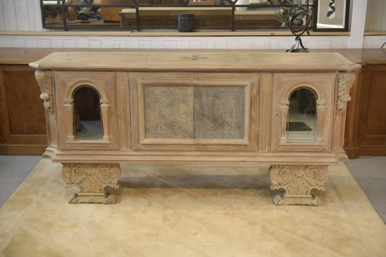 Large buffet with 4 doors in cerused oak, eglomisé mirror and 1950s leather. – Storage cabinet, Wood, Vintage (photo 6 of 16)