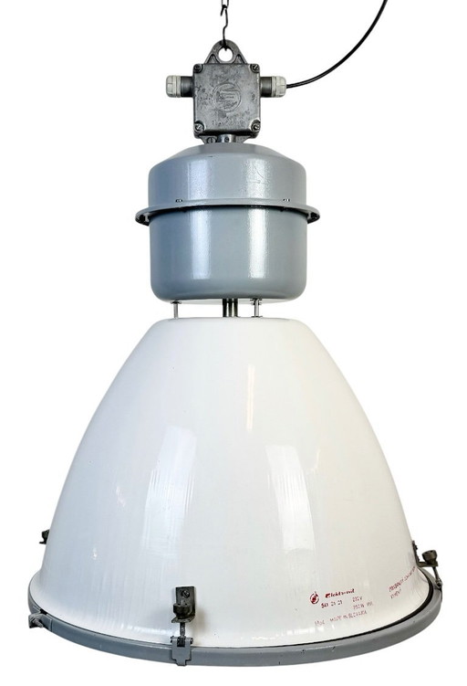 Lámpara industrial grande de esmalte blanco con pantalla de cristal transparente de Elektrosvit