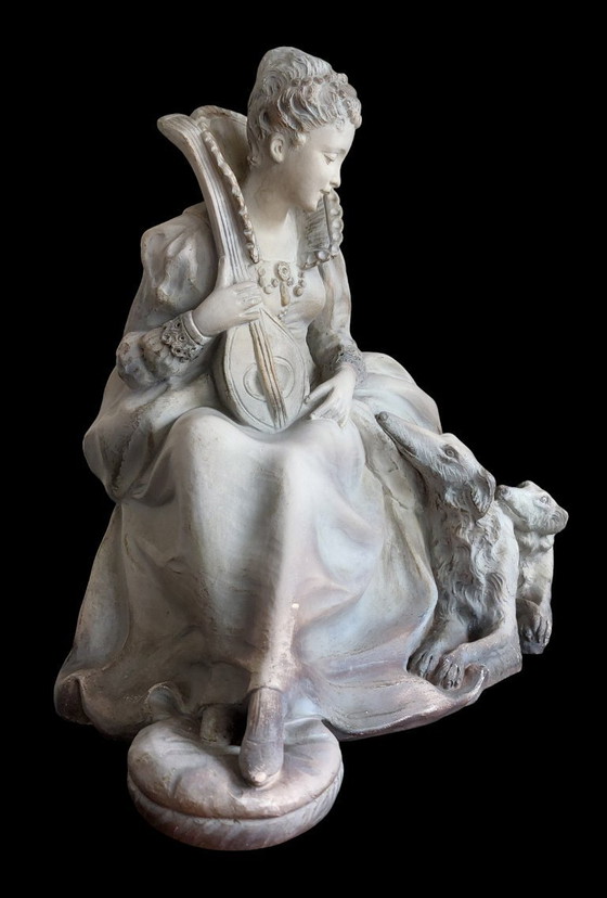 Image 1 of Art Deco sculpture of a seated lady with dogs