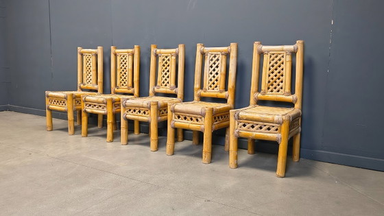 Image 1 of Vintage bamboe eetkamerstoelen in boho-chic stijl, jaren 60.
