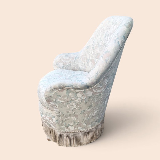 Vintage Armchair with Floral Print and Fringes, Wood, Cotton, White (photo 4 of 6)