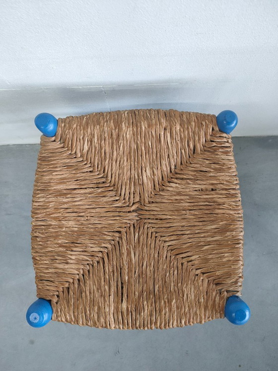 Tabouret en bois bleu avec assise tressée, Rotin, Rustic (photo 7 sur 7)