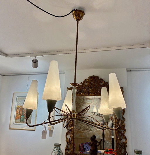 Gilded brass and painted metal Chandelier, opaline glass bobeches, circa 1950