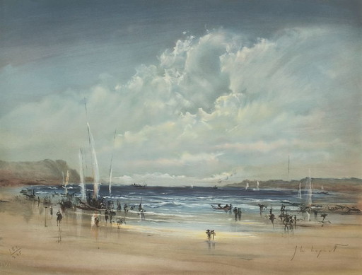 Jean Michel NOQUET Sur la plage Litografia firmata 1990