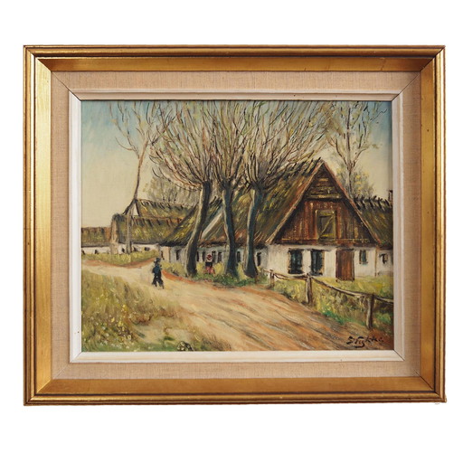 Peinture "La ferme sous les saules", design scandinave, années 1960