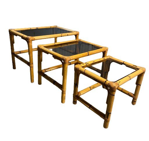 Image 1 of Bamboo and Smoked Glass Nesting Tables