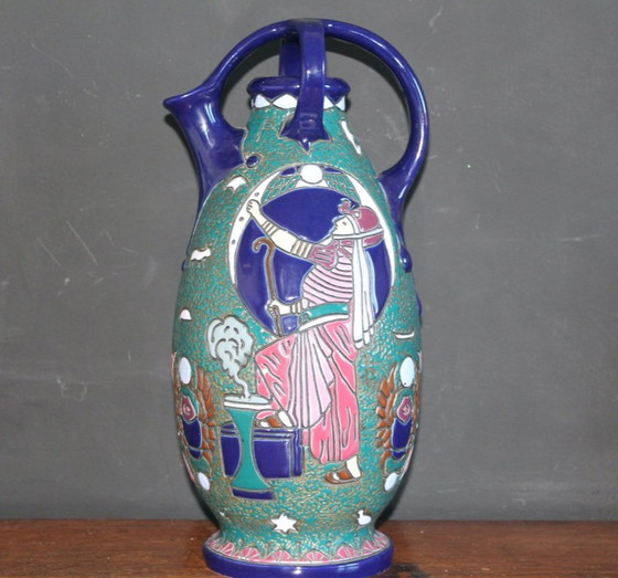 Image 1 of Czechsolovakian Art Deco Egyptian revival ceramic pitcher. 