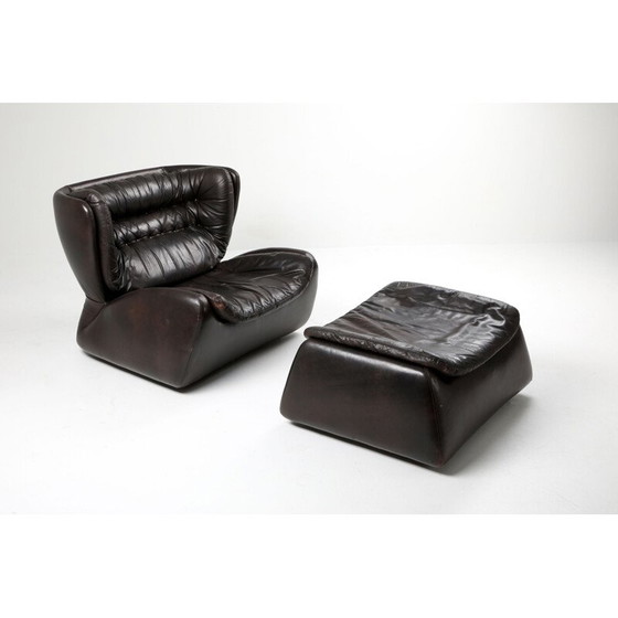 Image 1 of Vintage dark brown "Pasha" lounge chairs and ottoman by Durlet 1970