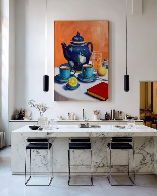 Acrylic painting by the artist E. García "La vajilla azul" 100x70 cm