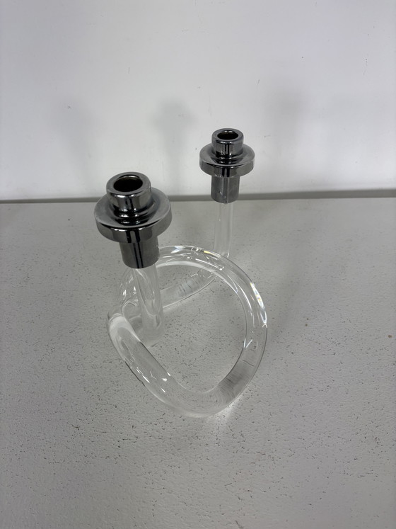 Image 1 of LUCITE CHROME TWISTED PRETZEL CANDLE HOLDER BY ELAINE BSCHEIDER FOR DOROTHY THORPE INC
