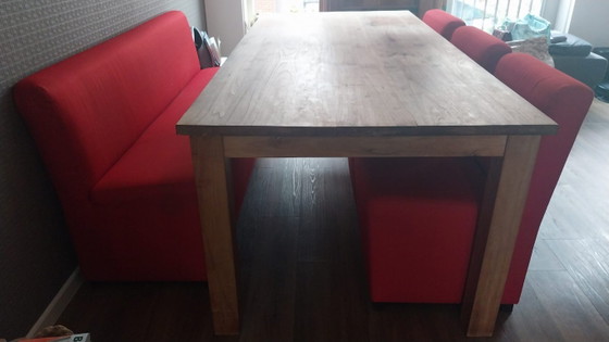 Mesa de comedor robusta de teca (220x100x79 cm) Incluye banco (180x63x84 cm) y sillas (50x63x84 cm) (photo 10 of 10)