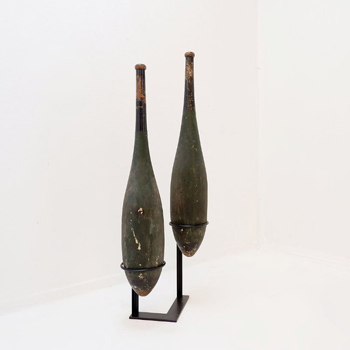 Pair of large wooden exercise clubs on base - early 20th century