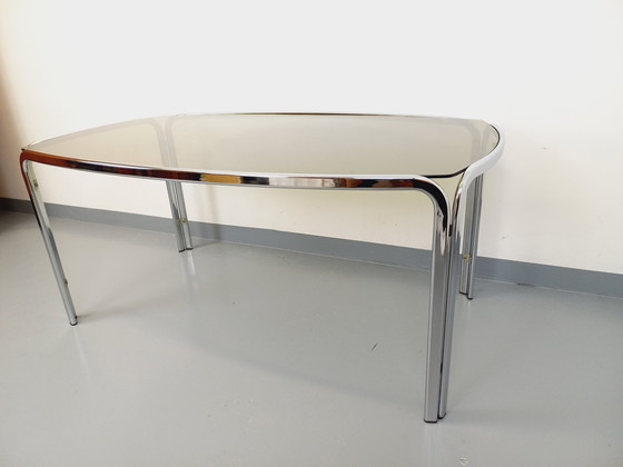 Image 1 of Incurved Rectangular Dining Table in Smoked Glass and Chrome Metal 70's Space Age Style