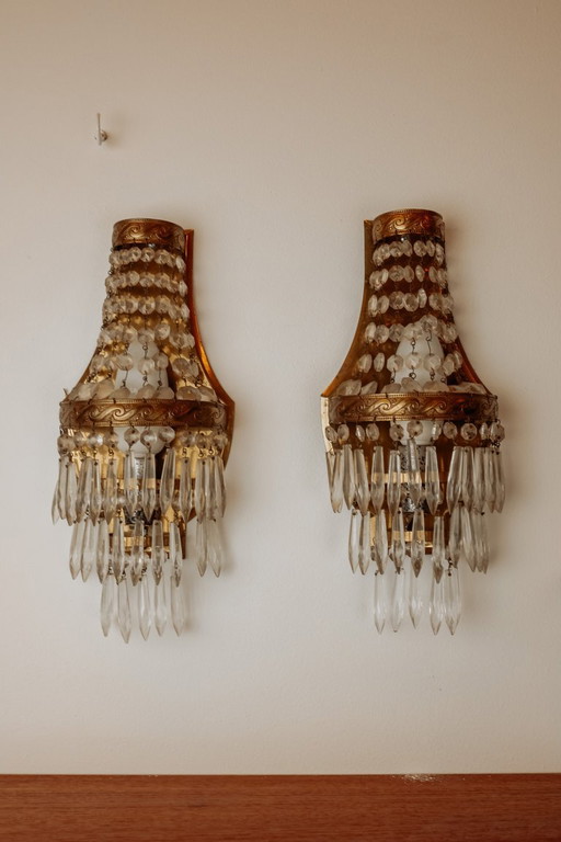 Antike französische Kristallwandlampen, 2er-Set