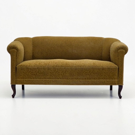 Divano danese a due posti degli anni '50, rivestimento originale in lana verde per mobili.